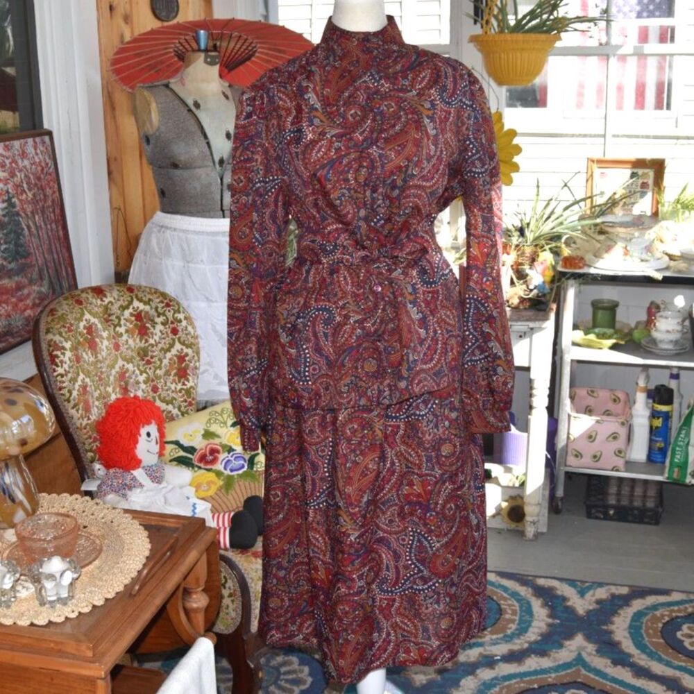 Vintage 1970s Russ Paisley Blouse Skirt Set 2 Piece Secretary Size Medium